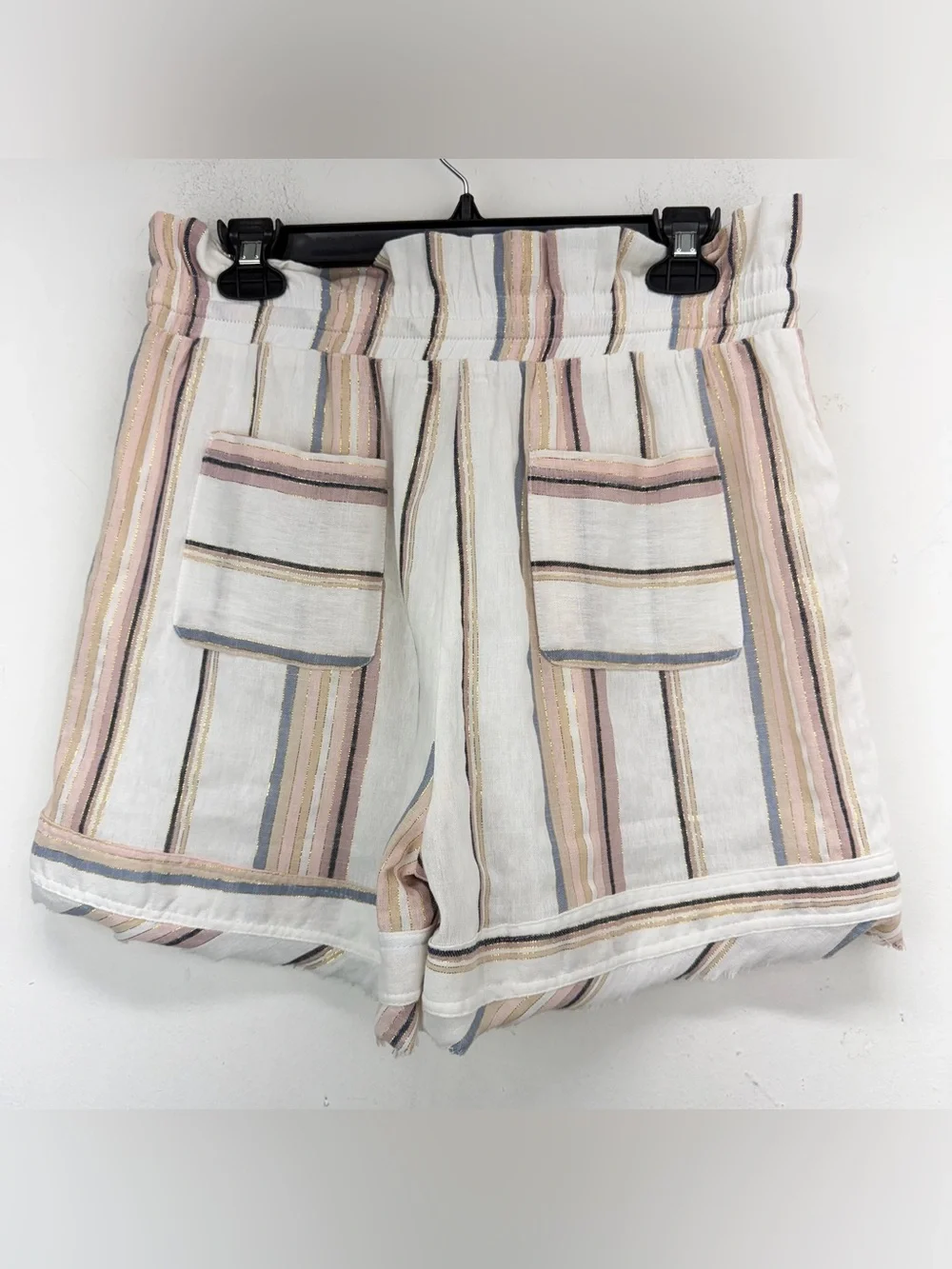 Golden size Large Women’s White Multicolor Striped Paperbag Waist Shorts NWT